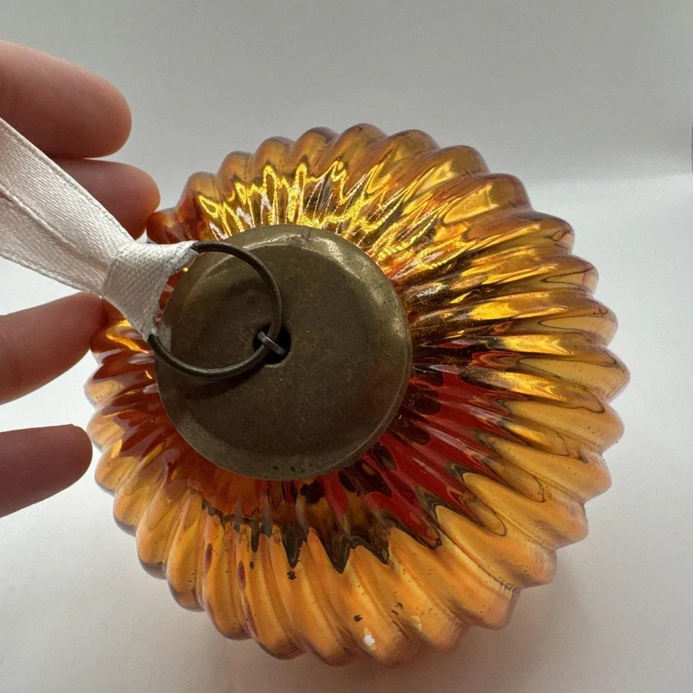 Vintage Kugel Glass Ornament Gold Ribbed Pumpkin Shape Mercury  Glass‎